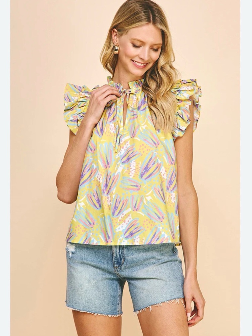 Pinch "Just Another Day" yellow floral blouse flutter ruffle sleeves Small